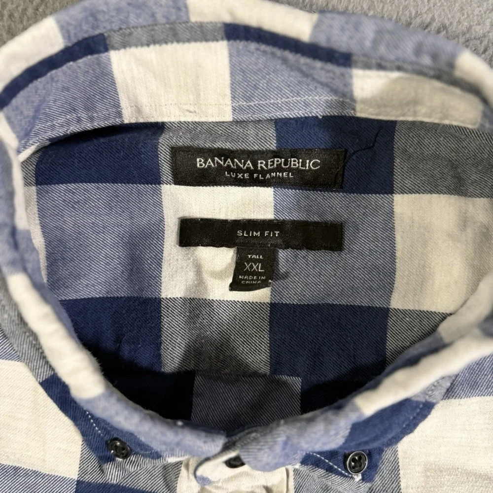 Banana Republic Luxe Flannel Shirt XXL Blue White‎ Check Plaid Slim Fit